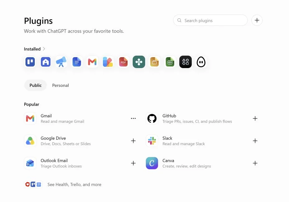 The official Plugins directory in ChatGPT with FlatHunt among installed plugins