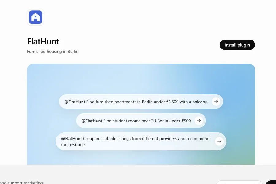 Official FlatHunt page in ChatGPT before installation, showing the Install plugin button
