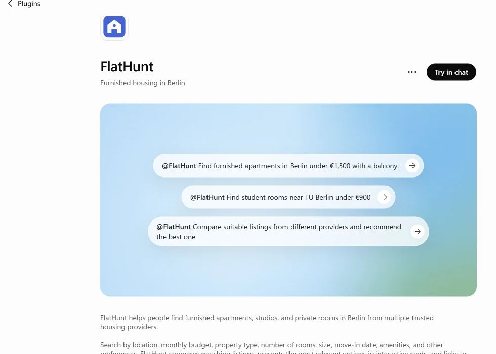 Official FlatHunt plugin page in ChatGPT with the Try in chat button