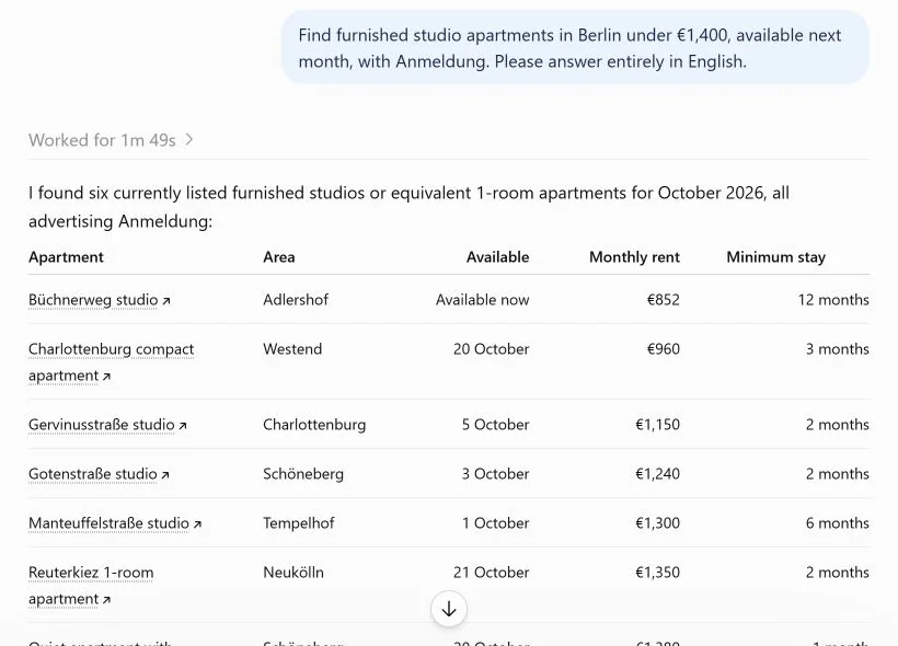 An English apartment search request and matching FlatHunt shortlist inside ChatGPT