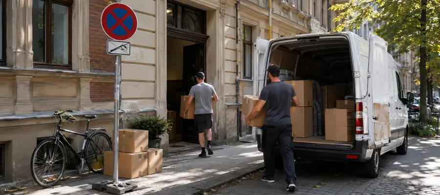 Moving truck and Halteverbot no-parking signs on a Berlin street — what a move in Berlin costs in 2026