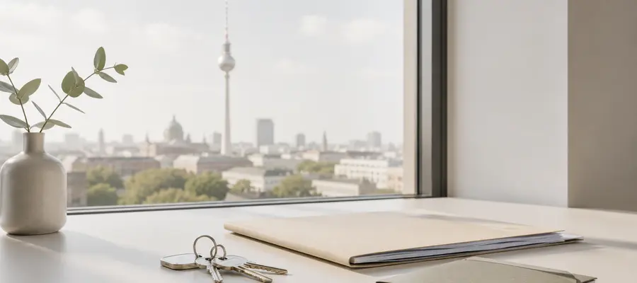 Apartment keys, rental documents and Berlin map for no-SCHUFA apartment search