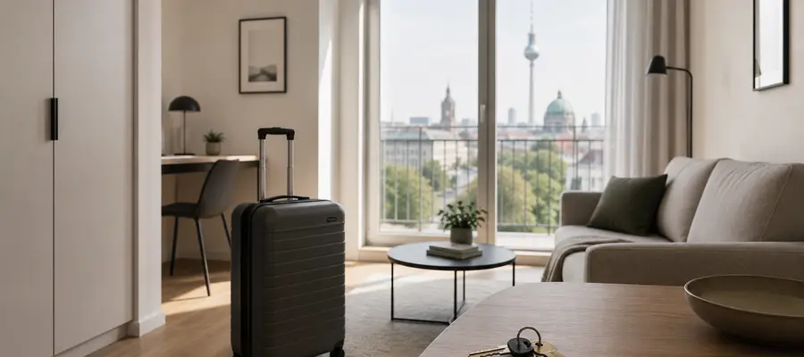 Suitcase and apartment keys for a short-term furnished rental in Berlin