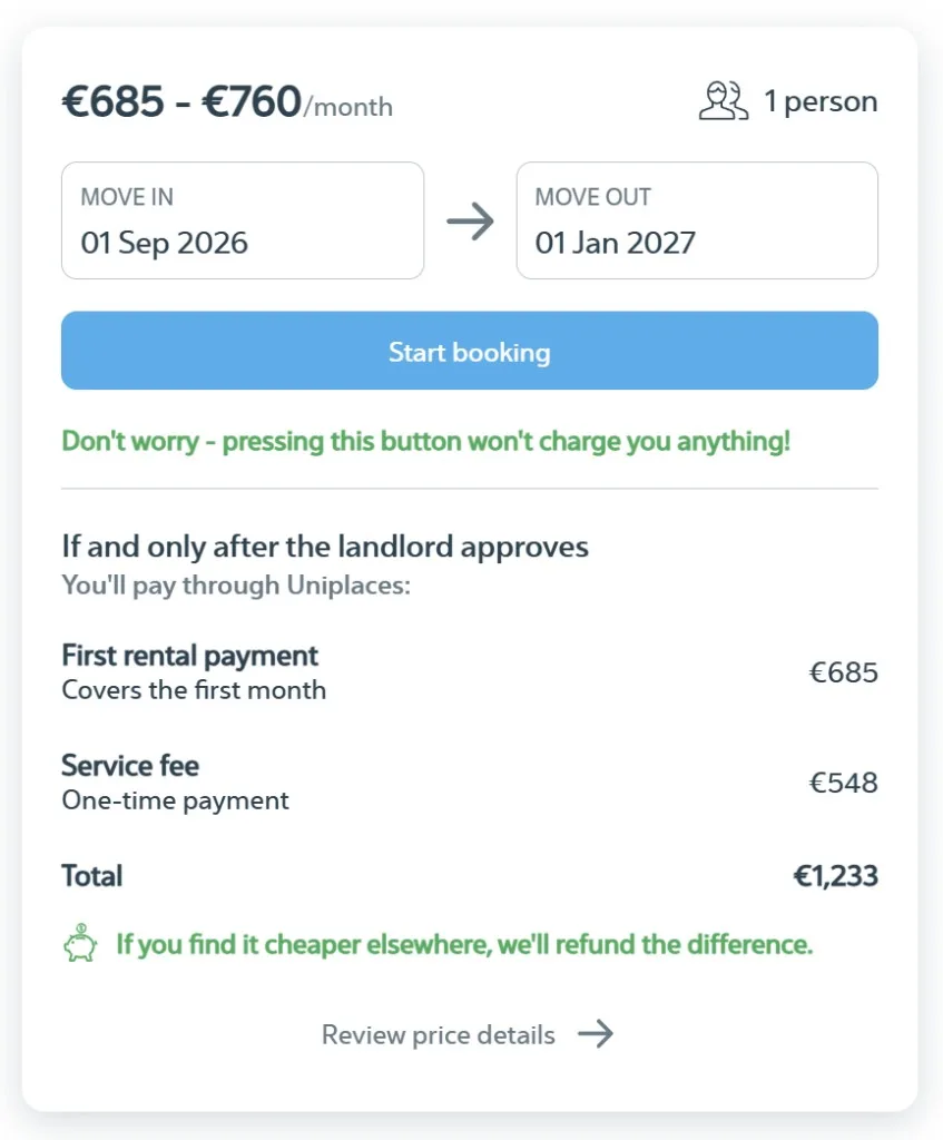 Uniplaces booking card: move-in and move-out dates, then a Start booking button. First month €685, service fee €548, total €1,233.