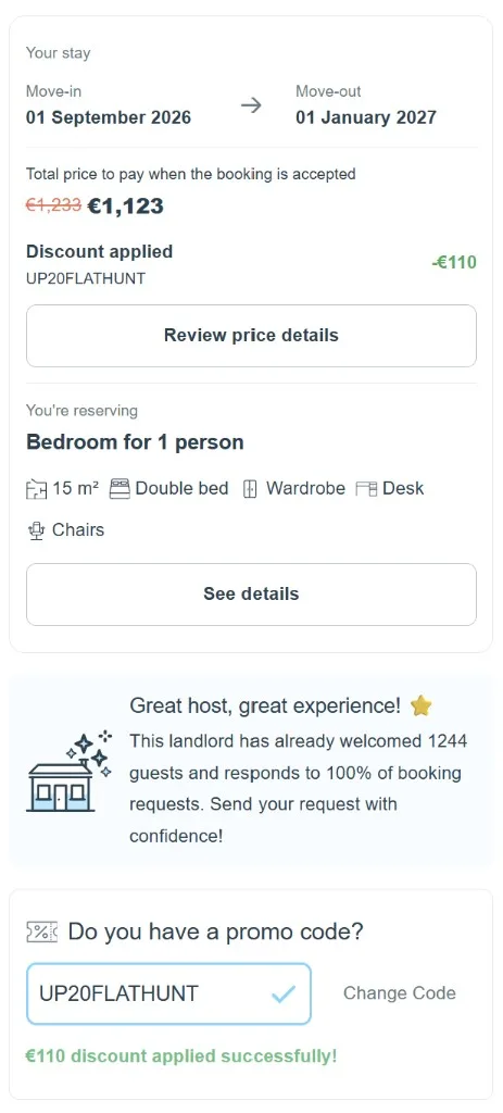 Uniplaces checkout with promo code UP20FLATHUNT applied. Total crossed out from €1,233 to €1,123 (−€110).